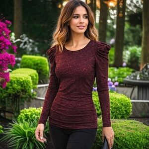 Focus Y2K Fitted Glittery Top‎ XL Puffed Sleeves Draped Fairy Grunge Whimsigoth